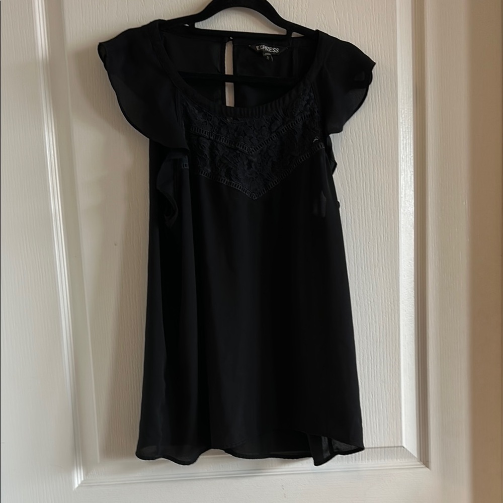 Express Black Flutter Sleeve Lace Bib Embroidered Blouse - Size M